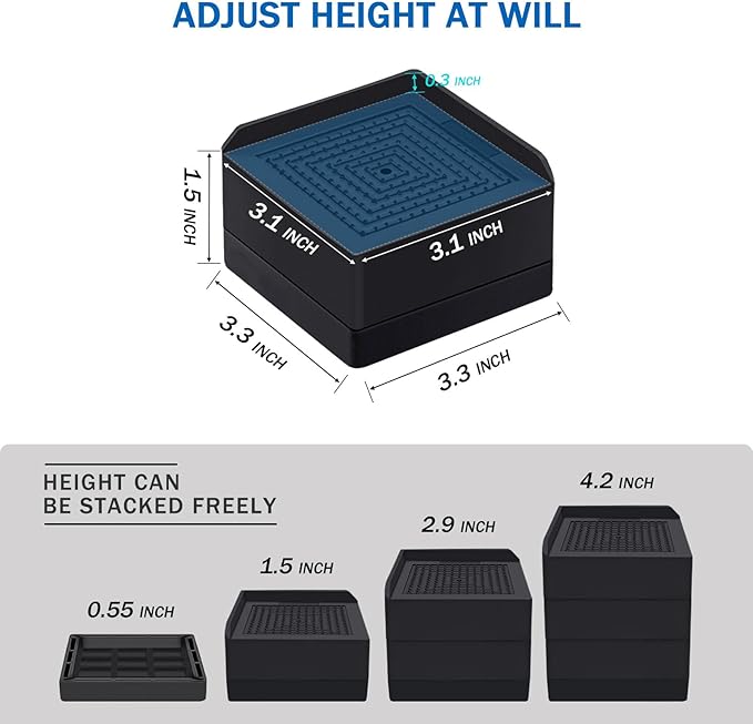 Bed Risers 1.5 inch Heavy Duty, Furniture Risers for Bed Sofa Table and Couch Lifting，Square Adjustable Risers Blocks, Support Up to 1,300 Lbs (4 Pack-Black)
