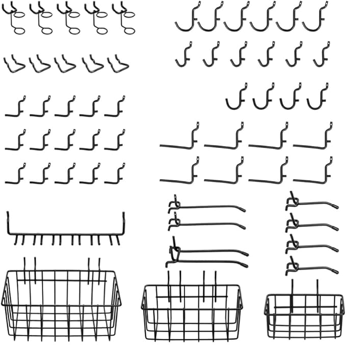 Heavy Duty Black Pegboard Hooks and Baskets for Hanging Tools, 60 Pieces 1/4'' Peg Board Accessories Peg Hooks and Bins, Peg Board Attachments for Organizing Tools Garage Kitchen Bathroom Craft Room