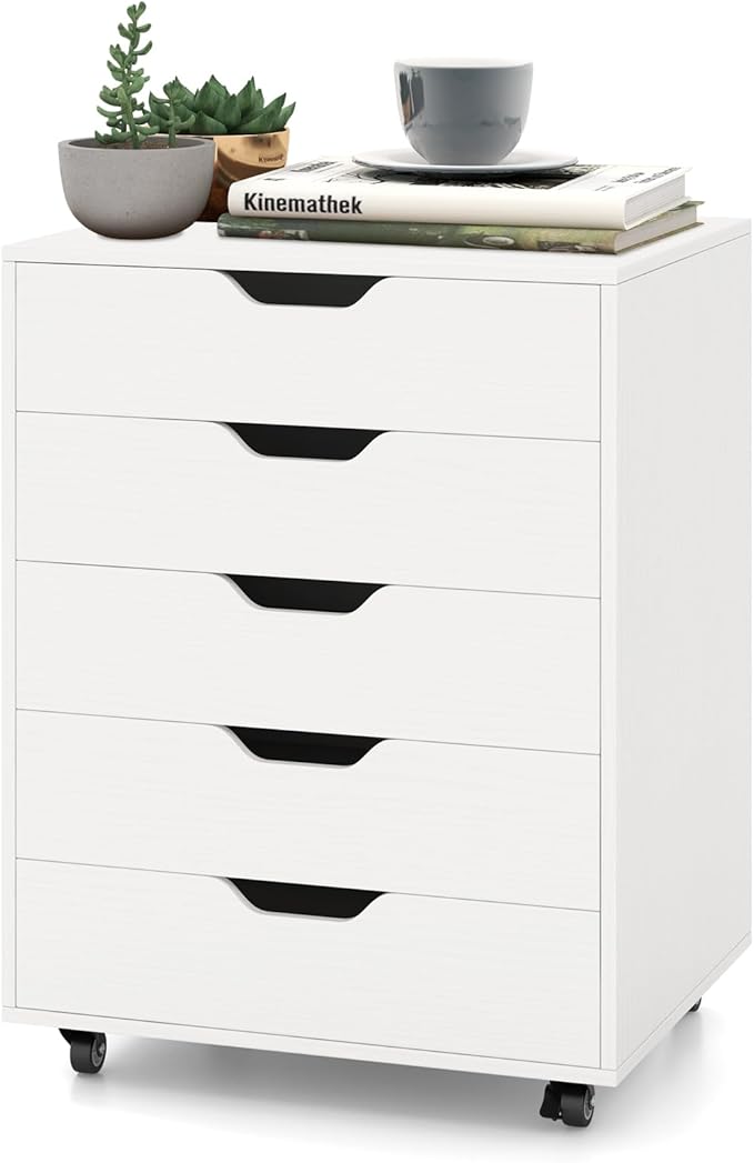 File Cabinet, Mobile Filing Cabinet w/Universal Wheels & 5 Drawers, Wood Printer Stand with Storage, Rolling File Cabinets for Home Office, Living Room, Bedroom (White, 5 Drawers)