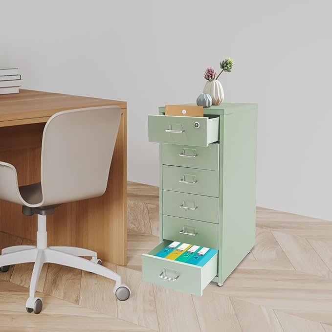 Vertical File Cabinet with 6 Drawer, Metal File Cabinet with Lock Filing Storage with Mobile Casters for A4 Legal/Letter Size Narrow
