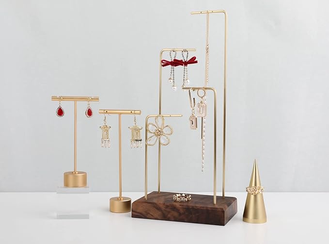 GemeShou Gold Metal Small Earring T Bar Stand Retail Display Holder, Retail Jewelry photography props for Show【Gold-Round Base Height 4.5"】