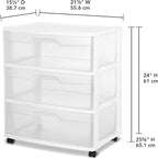3 Drawer Wide Plastic Storage Cart with Clear Pull-Out Drawers & 4 Wheels - Medium Home Organization Container for Classroom Bathroom Dorm Bedroom Laundry Room (White)