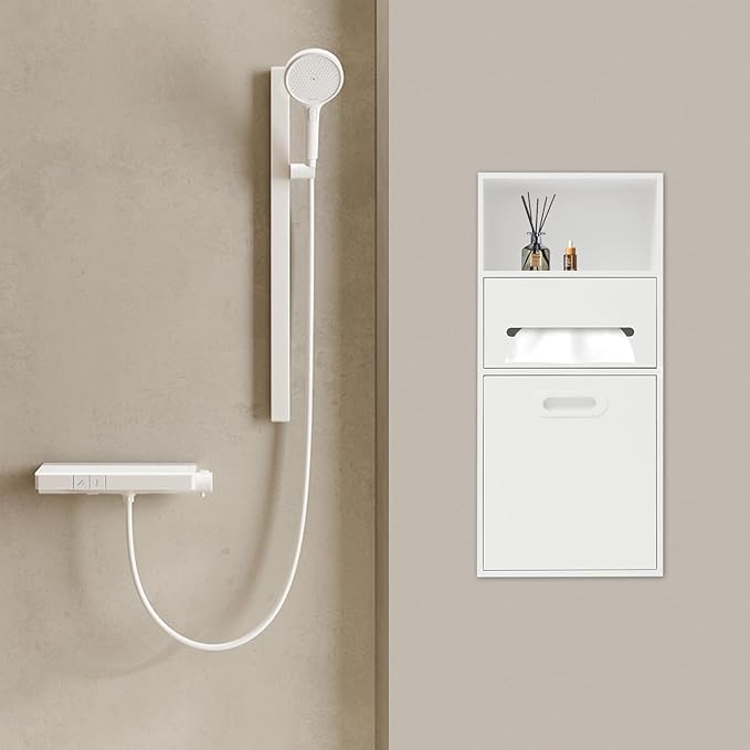 Stainless Steel Shower Niche with Trash Can Stainless Recessed Storage Cabinet White 26 * 11.8 No Tile Needed Wall Niche Recessed Toilet Paper Holder for Kitchen Living Room Bedroom Hotel