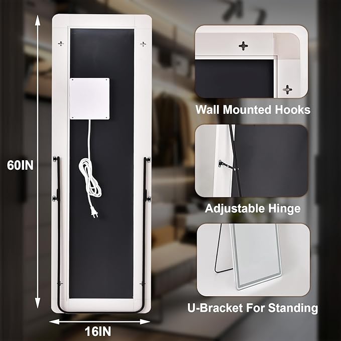 LED Rectangular Corner White Full Length Mirror - 16“ x 60” Brightness Adjustable, Touch Screen Control, Wall Mounted or Freestanding, for Bedroom Living Room Cloakroom Dressing Mirror