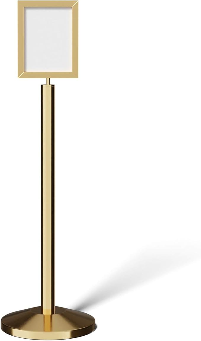 Crowd Control Warehouse Pedestal Standing Floor Sign Frame with Sloped Base, 8.5x11 Inch Vertical, Polished Brass