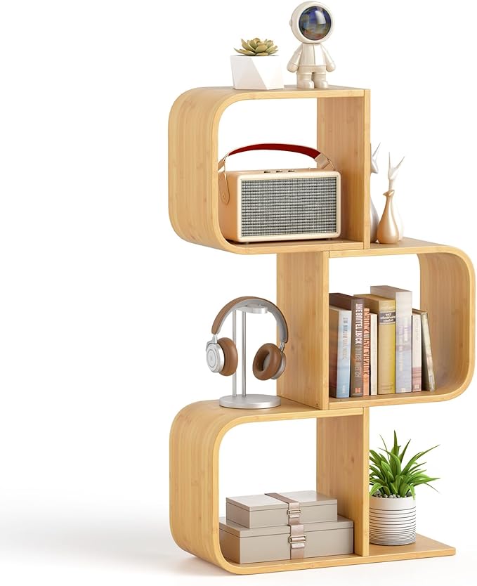 Giantex S-Shaped Bookcase, 3-Tier Bamboo Bookshelf with 3 Open Cubes, Geometric Corner Display Shelf, Decorative Storage Organizer, Floor Storage Rack for Living Room, Home Office, Natural