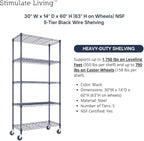 30"x14"x60" PRIME HEAVY DUTY Black 5-Tier Wire Shelving 1,750 LBS MAX Capacity Storage Rack for Commercial, School, Home, Garage, Warehouse, Industrial, and Hospital Uses (with Wheels)