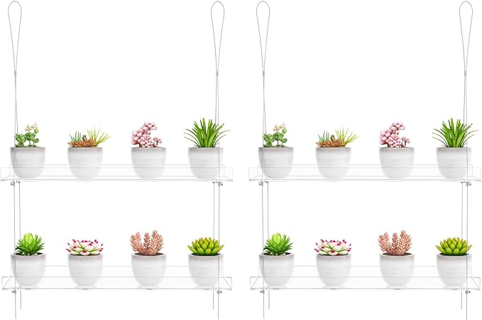 2-Pack Clear Hanging Window Plant Shelves, 2-Tier Indoor Wall Plant Stand Flower Display Organizer Storage for Microgreens,Succulents,Flower,16-Inch