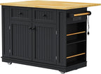 Rolling Kitchen Island with Drop Leaf & Power Outlet, Large Kitchen Islands Cart on Wheels, Movable Kitchen Island with 5 Open Storage Shelves & Towel Rack for Kitchen, Dining Room, 48-Inch, Black