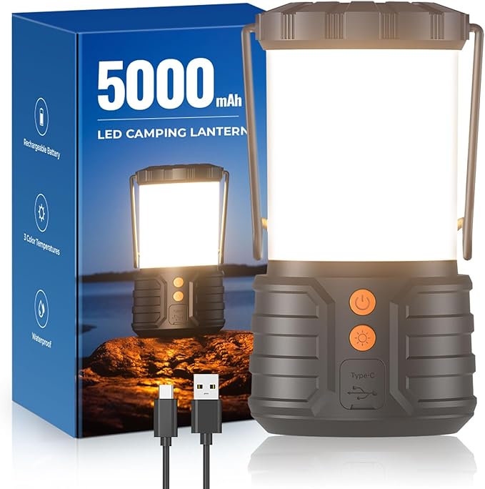 Camping Lantern,5000mAh Rechargeable Battery Emergency Lights for Power Outages,3 Colors,IPX4 Waterproof Portable Flashlight Camping Tent Light for Home or Hurricane Hiking,1 Pack