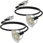 3FT 2 Pack 12 Gauge 3 Outlet Outdoor Extension Cord 12/3 Heavy Duty SJTW Power Cord 3 Way Waterproof Power Cable 3 Prong Grounded with Light 12AWG 15Amp 1875W ETL Listed