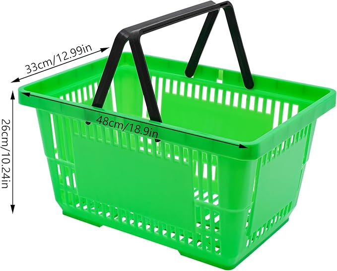 12PCS Green Plastic Shopping Baskets with Handles, Portable Retail Baskets Grocery Basket with Handles,18L Hand Shopping Basket Set for Stores, Supermarket, Retail, Groceries Carrying