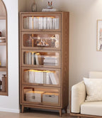 Solid Wood Bookcase 5 Tier Bookshelves with Tempered Glass Flip-Up Doors 72Hx13.7Dx32W" Brown Finish Cube Storage Organizer, Bookshelf Versatile Pantry Cabinet with Storage for Kitchen Home Office