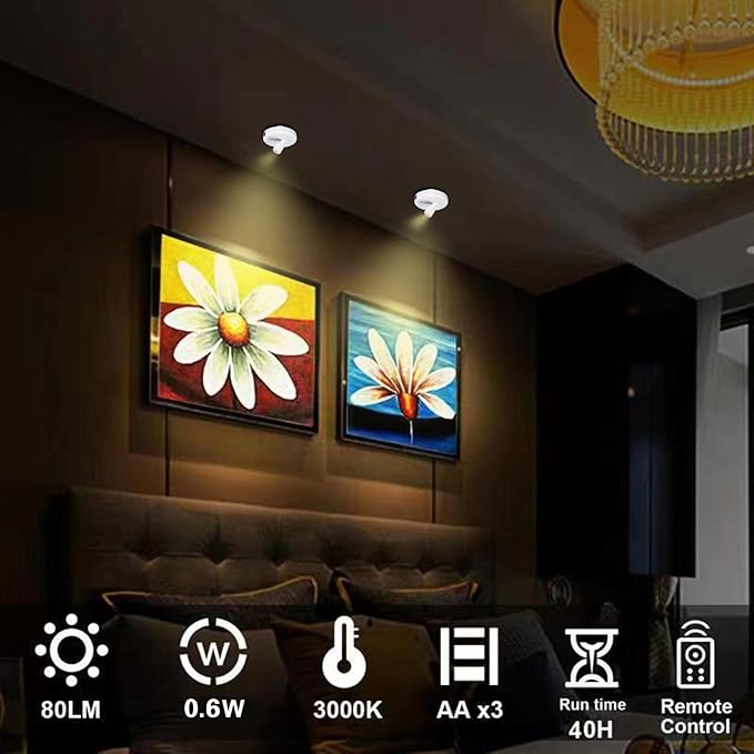 Wireless LED Spotlight, Battery Operated Picture Lights, Indoor Uplight, Puck Lights with Remote, Spot Light for Wall Art Display Dartboard Painting Accent Artwork Closet-2Pack