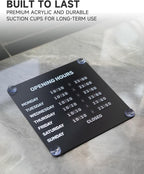 Metal Business Hours Sign with Suction Cups - Magnetic Open Closed Display Board for Storefront Window, Glass Door, Tile Wall & Counter - Changeable, Reusable & Rust-Resistant Steel Kit