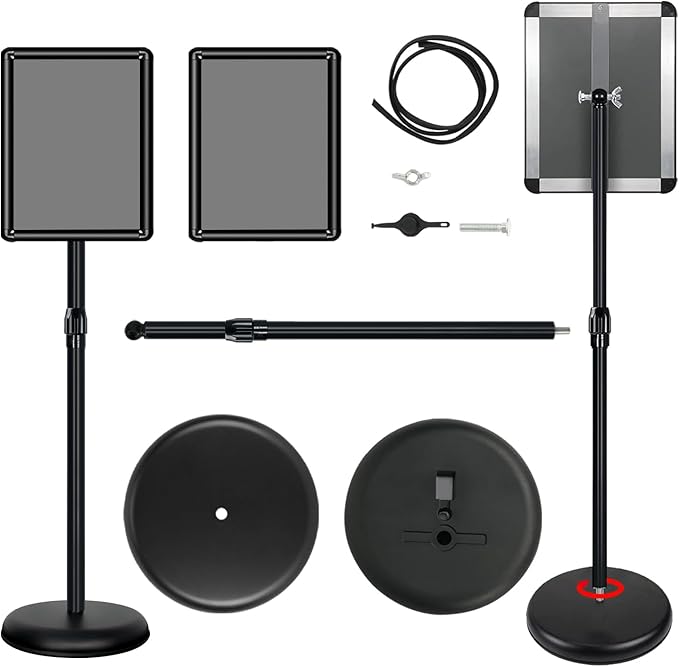 Pedestal Sign Holder 8.5"x 11" Adjustable Standing Sign Holders Black Floor Standing Sign Holder Vertical and Horizontal View Sign Display for Posters, Menu, Ads (6 Packs)