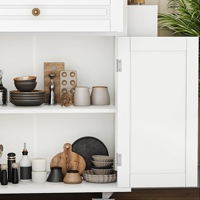 67’’ Movable Kitchen Island with Drop Leaf and Power Outlet, Lockable Sliding Countertop Rolling Island Cart with 2 Large Drawers, Spice, Towel Rack,White