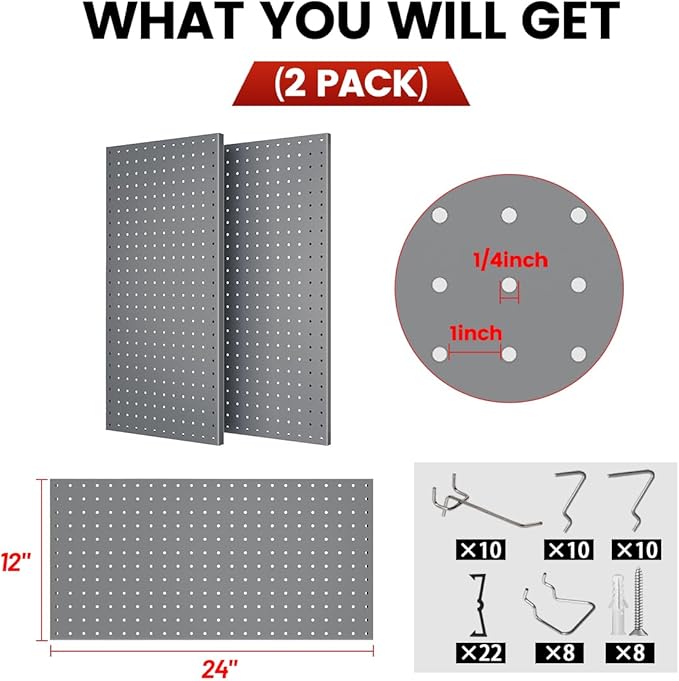 Pegboard, Metal Peg Board, Pegboards Wall Organizer with 38 Pcs Hooks, Sturdy Peg Board for Garage Tool Organization, Home & Office Wall Decoration (Grey, 2 Pack)
