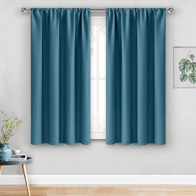 JIUZHEN Blackout Curtains for Bedroom - Thermal Insulated Room Darkening Rod Pocket Curtains for Living Room, Set of 2 Panels with Tiebacks, 38 x 45 Inch Length, Stone Blue