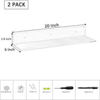 20 Inch Clear Wall Shelves for Wall, Wall Mounted Acrylic Floating Shelf for Plants, Speaker, Radio, Funko Pop, Stuffed Animal, Books, Cosmetics, Toiletries, 2 Pack (20 Inch)