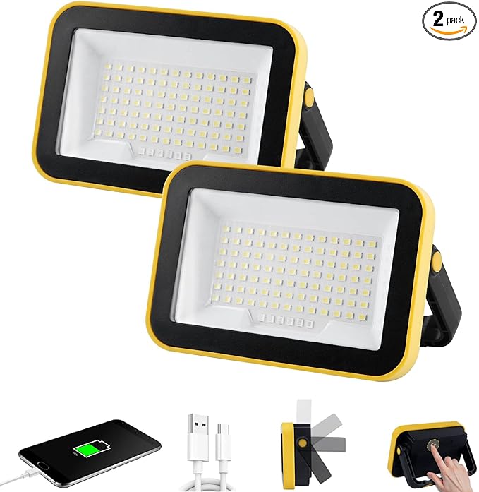 Rechargeable Work Light with Tripod Hole, 2-Pack LED Battery Work Lightings, 40W Waterproof Portable Flood Light Cordless Job Site Lighting 180° Rotate for Garage Camping Car Repairing