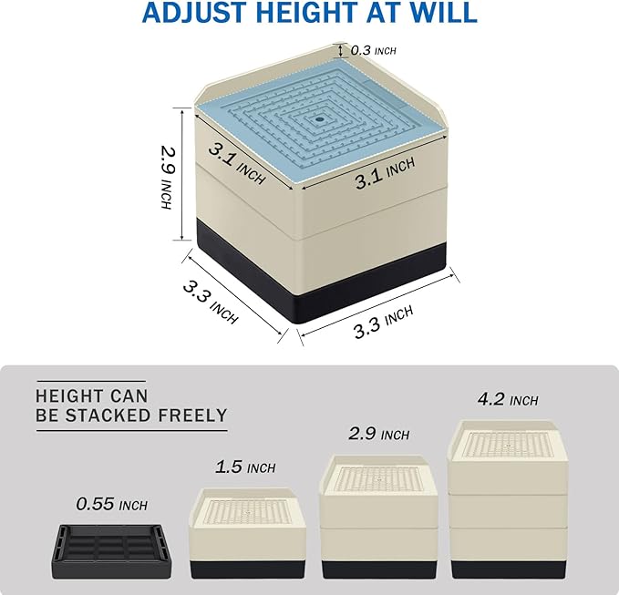 Bed Risers 3 inch Heavy Duty,Furniture Risers for Desk Table Sofa Couch Lifts to 1.5 or 3 inch, Square Adjustable Risers Blocks, Support Up to 1,300 Lbs（4 Pack-Black）