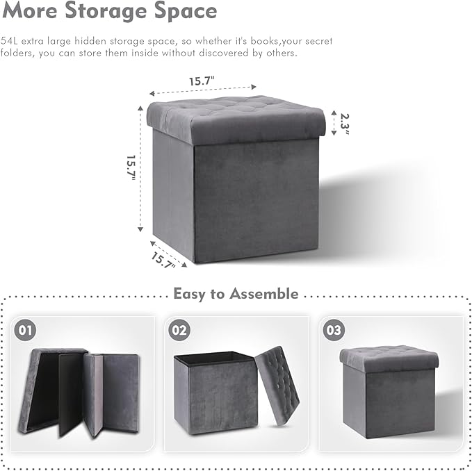B FSOBEIIALEO Storage Ottoman Cube, Velvet Tufted Folding Ottomans with Lid, Footstool Rest Padded Seat for Bedroom (Grey, Medium)