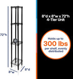 Shelving Inc. 8" d x 8" w x 72" h Black Wire Shelving with 4 Tier Shelves, Weight Capacity 300lbs Per Shelf
