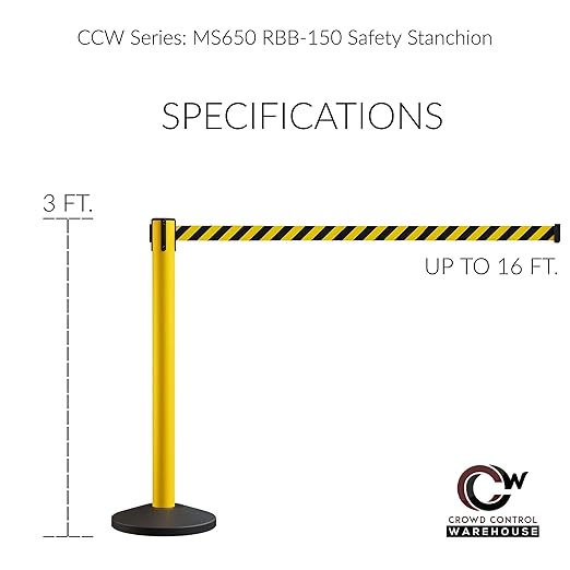 Crowd Control Warehouse CCW Series RBB-150 - Set of 2 Stanchion Retractable Belt Barriers - 16 Foot, Blue Belt with Yellow Post - Easy Assembly