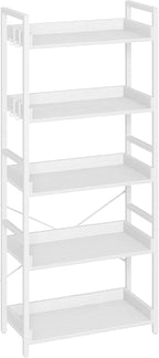 Rolanstar Bookshelf 5 Tier with 4 Hooks, Industrial Wood Bookcase, Vintage Storage Rack with Open Shelves, Rustic Standing Bookshelves Metal Frame Display Rack for Living Room, Bedroom, White