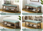 Entryway Shoe Bench with Cushion, End of Bed Bench,Upholstered Bench for Kitchen, Bench with Solid Wood Shelf, Fabric Ottoman Bench for Hallway, Living Room (Teal)