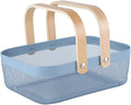 Metal Mesh Steel Basket, Storage Organizer Baskets Garden Harvest Basket Multi-functional Kitchen Fruit Baskets Bin with Wooden Handle for Bathroom Picnic Shopping Decor Cabinet Home, Blue