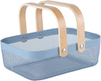 Metal Mesh Steel Basket, Storage Organizer Baskets Garden Harvest Basket Multi-functional Kitchen Fruit Baskets Bin with Wooden Handle for Bathroom Picnic Shopping Decor Cabinet Home, Blue