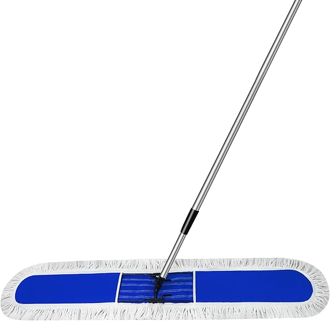 48 inch Commercial Dust Mop for Hardwood Floors, Large Size Dry Mop, Reusable Cotton Yarn Head, Telescopic Stainless Steel Handle, Industrial dust mops for Floor Cleaning, Marble, Blue