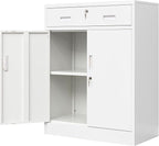 Metal Storage Cabinet, Locking Cabinet with 1 Drawer and Adjustable Shelf, 36" H x 28" W x 16" D Steel Storage Cabinet for Office, Garage, Home-White