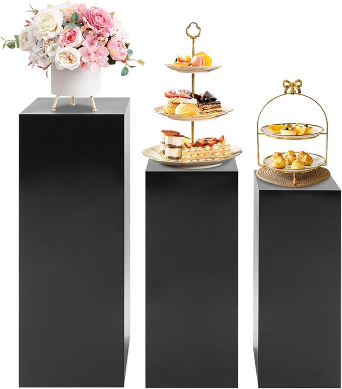 3Pcs Metal Pedestal Stand for Party, Large Black Cake Stand, Pedestal Display Plinth Pillars for Wedding Ceremony Birthday Party Art Decor, Column Decorative Cube for Wedding Dessert Table Display