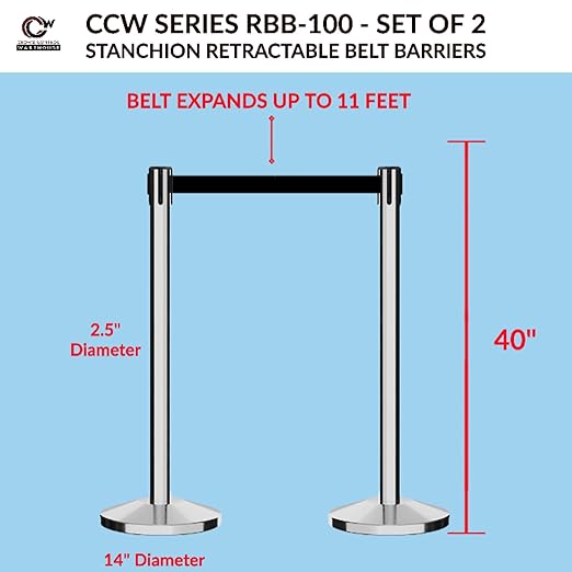 CCW Set of 2 Retractable Belt Barriers Stanchion, Polished Stainless Steel Post, RBB-100 (7.5 Foot Belt, Red"This LINE is Closed" White Letters Belt)