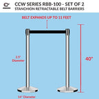 Crowd Control Warehouse CCW Set of 2 Retractable Belt Barriers Stanchion, Polished Stainless Steel Post, RBB-100 (7.5 Foot Belt, Green Belt)