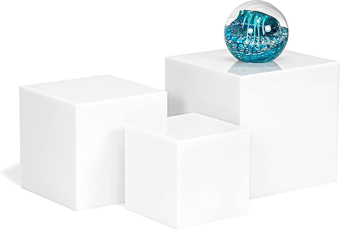 Red Co. Set of 3 Glossy White Acrylic Cube Display Nesting Riser Stands with Hollow Bottoms