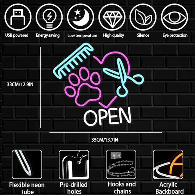 Pet Shop Open Neon Sign Paw Neon Light for Wall Decor, Dimmable Colorful Pet Grooming Salon Open LED Sign for Pet Shop,Pet Hospital,Pet Salon Store