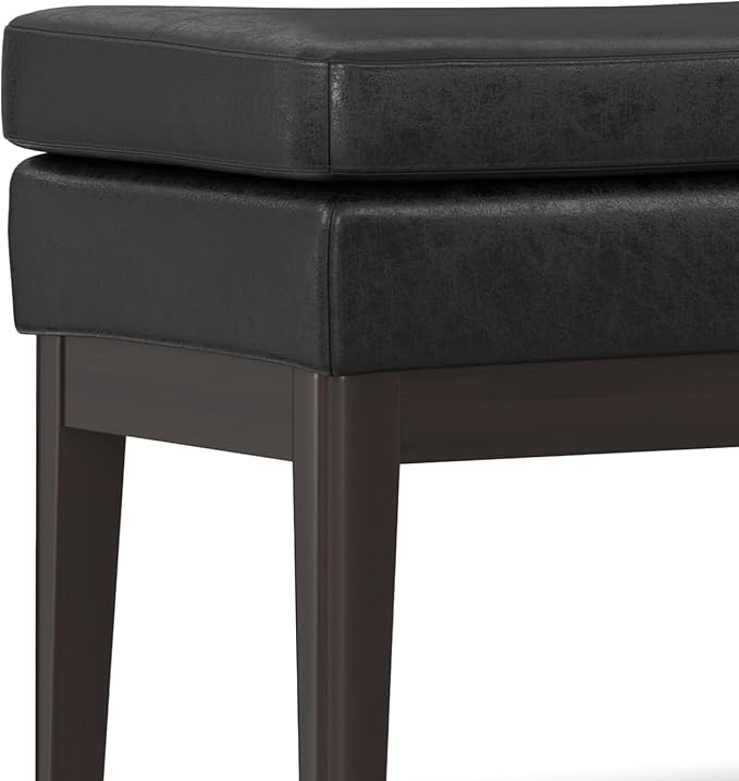 SIMPLIHOME Carlson Ottoman Bench - 45 inch Wide Upholstered Vegan Leather Rectangle Ottoman in Distressed Black, Mid Century Modern Bench for Bedroom, Entryway or Living Room with Padded Seat