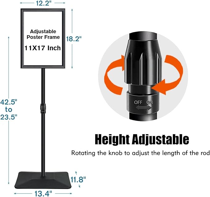 Adjustable Sign Stand for Display, with Upgraded Iron Base, Pedestal Floor Signage Stand Holder for Outdoor or Indoor Advertising (11 x 17, Black)