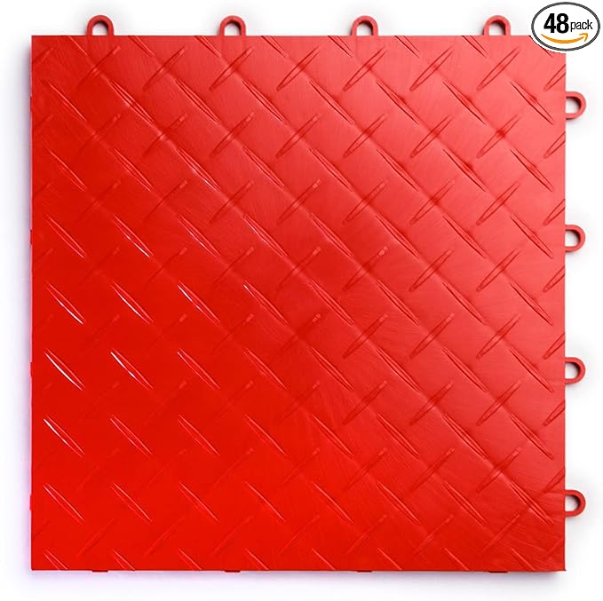 Big Floors RaceDeck Diamond Plate Design, Durable Interlocking Modular Garage Flooring Tile (Red, 48 Pack of 12 x 12" Tiles)