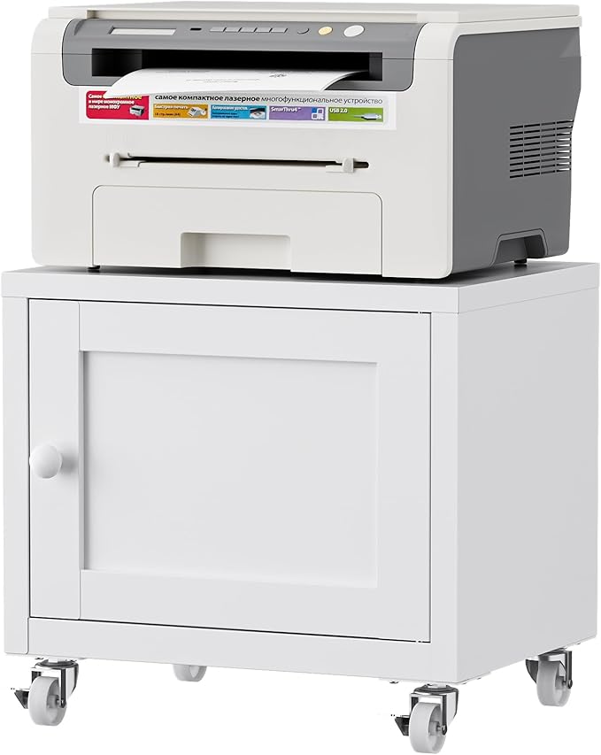 Small Printer Stand with Storage, Home Office Printer Table for Small Spaces, Under-Desk 3D Printer Stand with Wheels, for Office Copier and Fax Machine, White