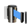 Montour Line WM115 Wall Mounted Retractable Belt Barrier with Standard Belt End, Fixed Mount, Polished Stainless Steel Casing (13 ft Light Blue Belt)