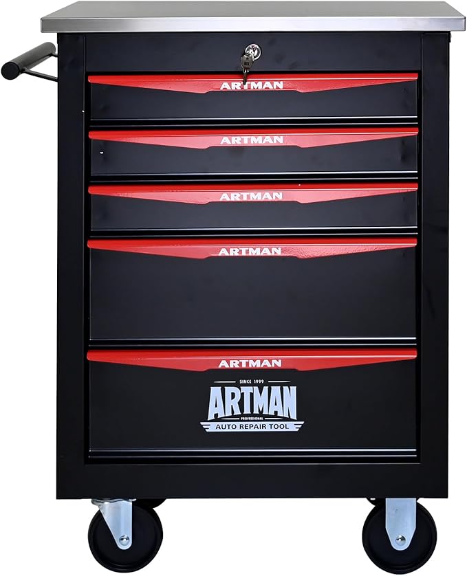 5-Drawer Heavy-Duty Rolling Steel Tool Cart with Handle&Wheels, Metal Storage Organizer Cabinet, Tool Chest for Efficient Tool Storage in Garage, Warehouse, Workshop, Repair Shop, Black&RED