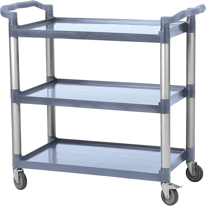 Service Cart 3 Shelf, Plastic Heavy Duty 3-Tier Utility Cart with Wheels, Rolling Utility/Push Cart for Foodservice/Commercial/Restaurant/Office/Warehouse/Kitchen/Hotel