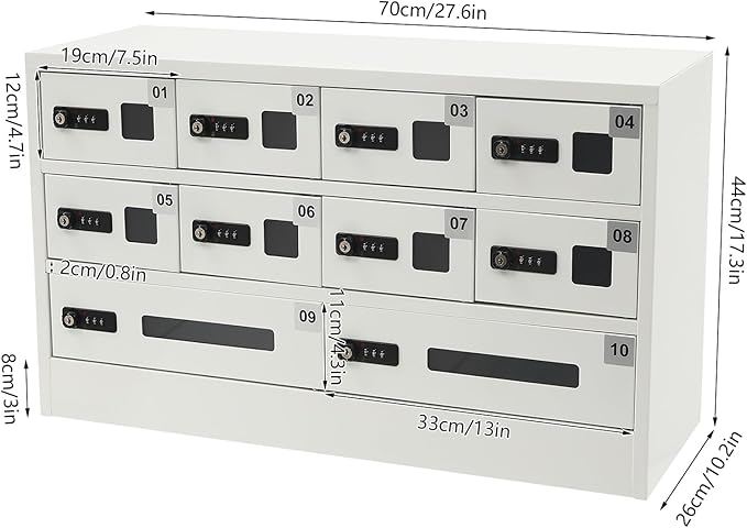 10 Slots Cell Mobile Phone Steel Locker with Combination Lock, Cellphone Charging Station with 3 in 1 Charging Ports for Most Phones, Cellphone Locker for Schools, Conference Rooms, and Offices