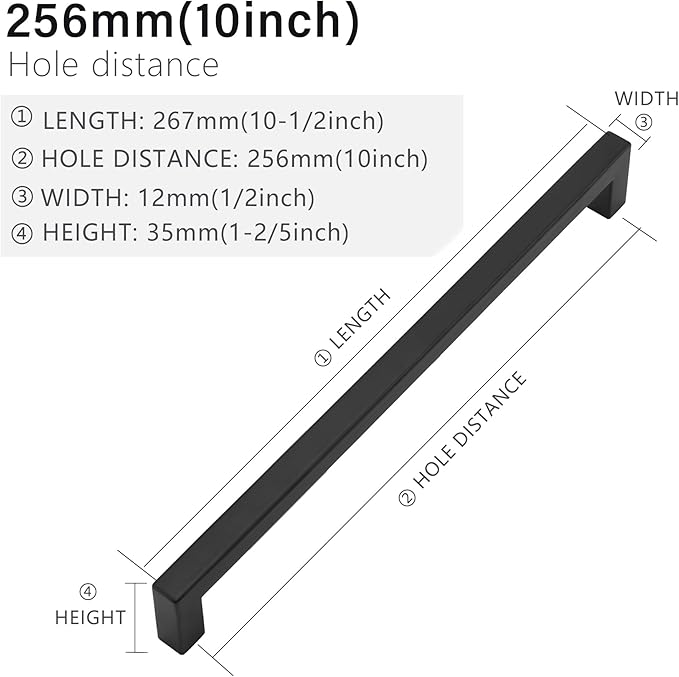 Cabinet Pulls Matte Black Cabinet Handles Square Drawer Pulls, 40 Pack 10 Inch Stainless Steel Kitchen Door Cupboard Cabinet Handles, Drawer Hardware Handles, 256mm Hole Centers