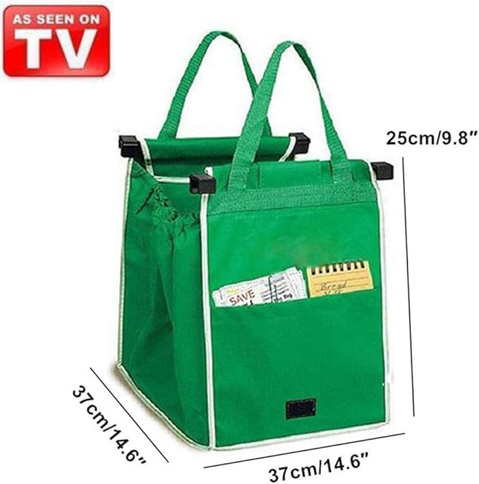 2Pack Reusable Shopping Trolley Bags Grab and Go Bag Collapsible Grocery Tote Bags with Handles, Clip on Shopping Cart As Seen On TV